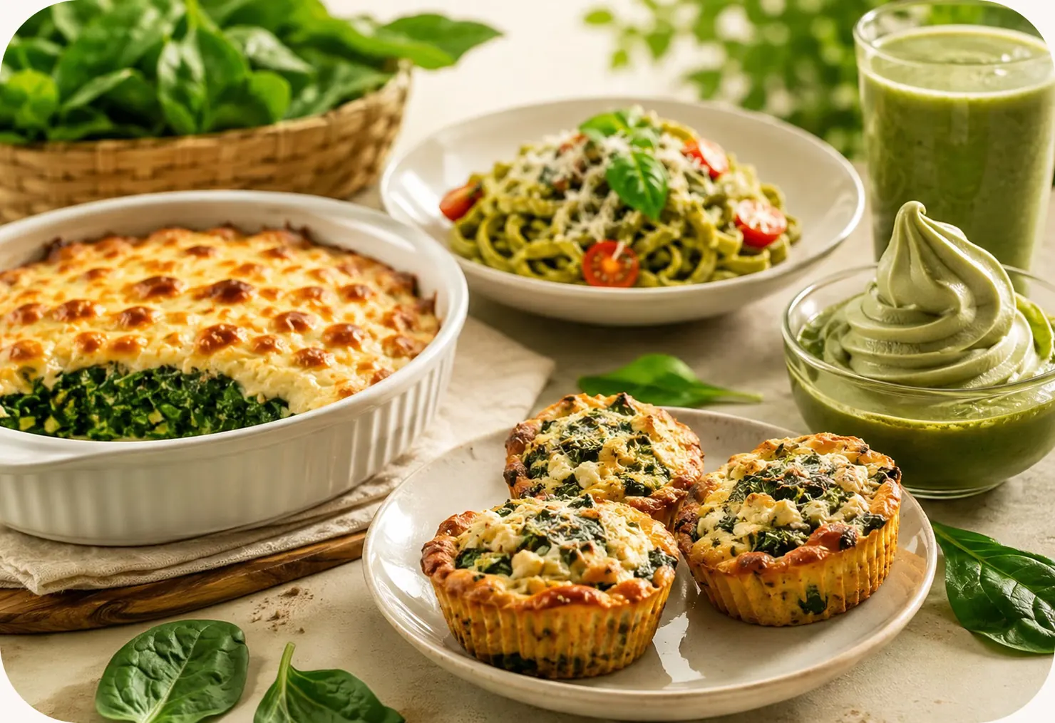 Spinach dishes: pasta, a baked gratin, savory muffins, a green smoothie and soft-serve