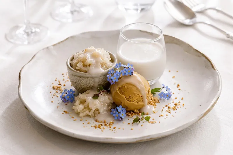 Rice milk dessert with coconut sauce, Khao Mak and Mor Kaeng ice cream, decorated with forget-me-not blossoms